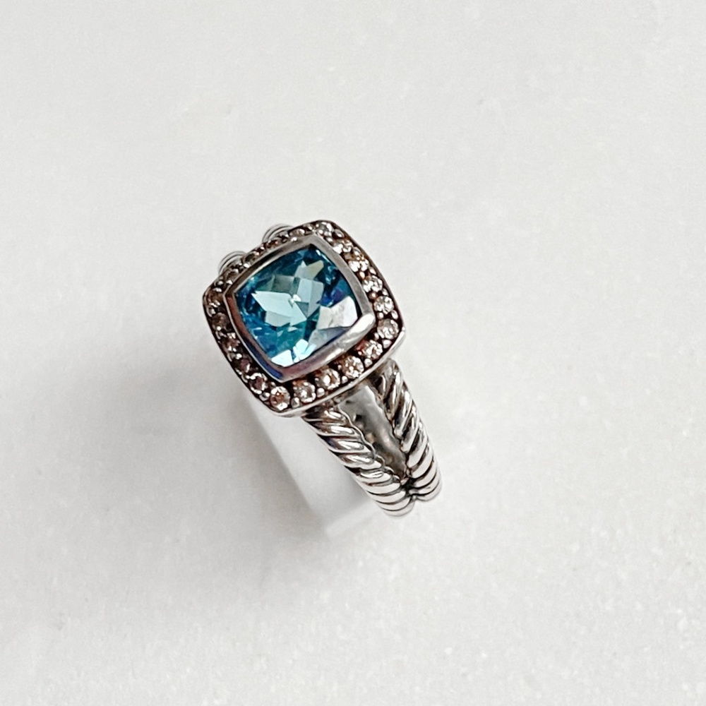 David Yurman Diamond Blue Topaz Albion Ring sz 7.5